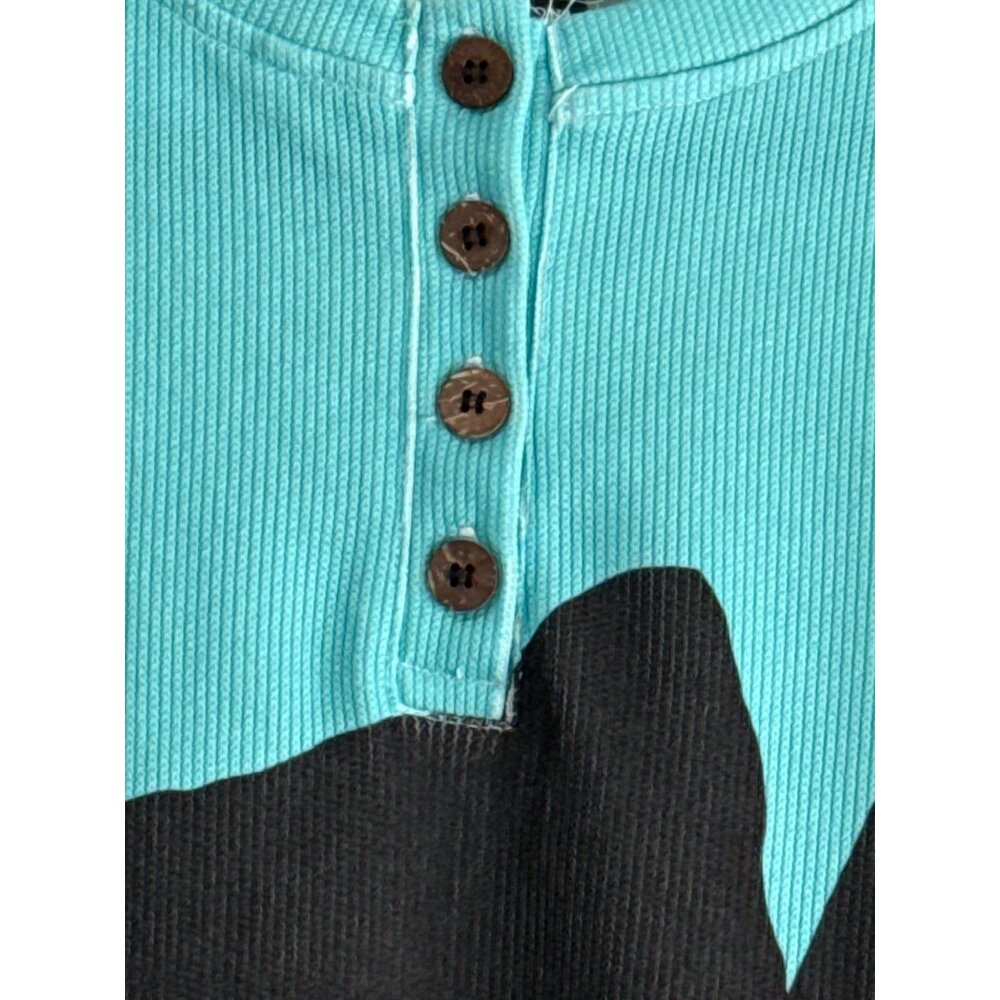 Oversized Turquoise Henley With Black Cat Print & Button Neck Size 2XL - Picture 2 of 5